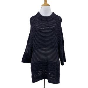 Moth Open Knit Tunic Sweater Womens L Navy Pullover 3/4 Sleeves High Crew Neck